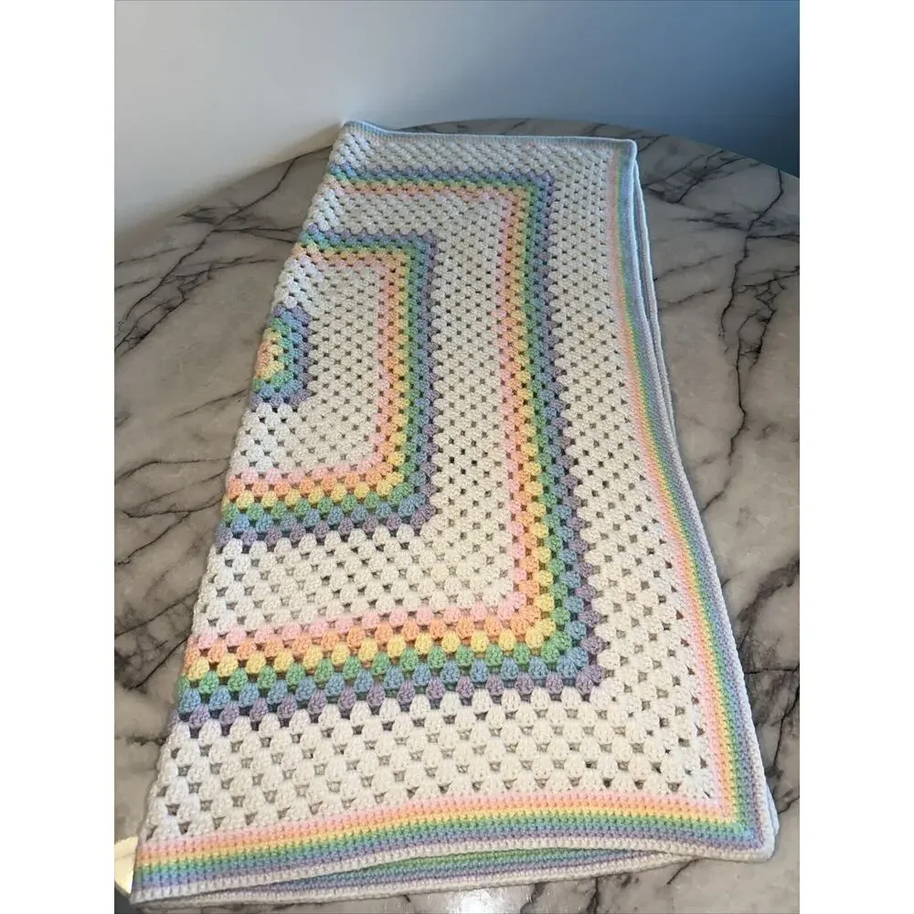 NEW Pastel Rainbow Crochet Knit Blanket 3‎ Feet 3' White Baby Boy Girl Square